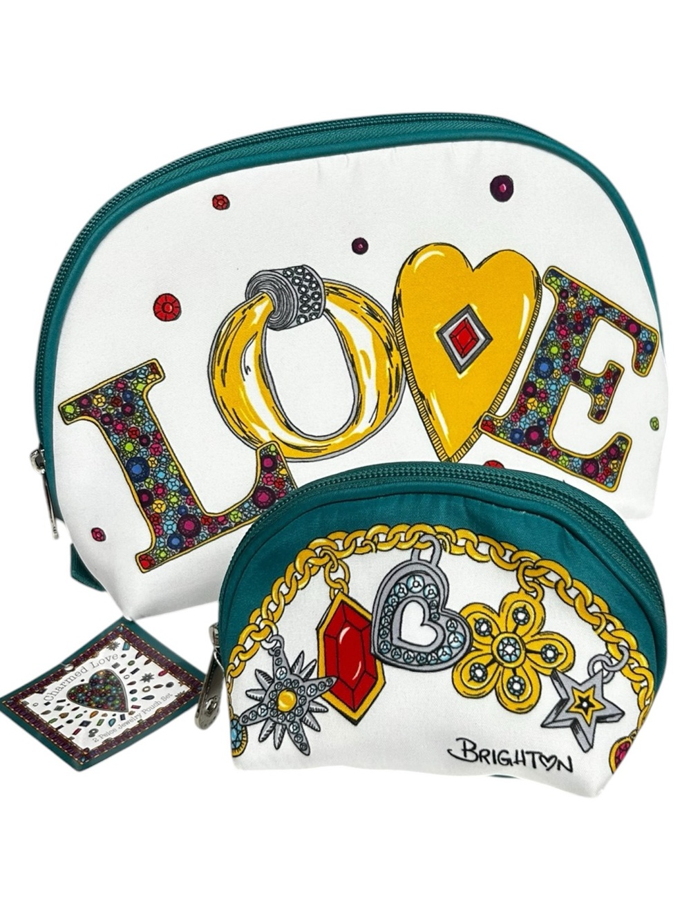 Brighton Charmed Love 2 Piece Jewelry Pouch Set White Teal NWT